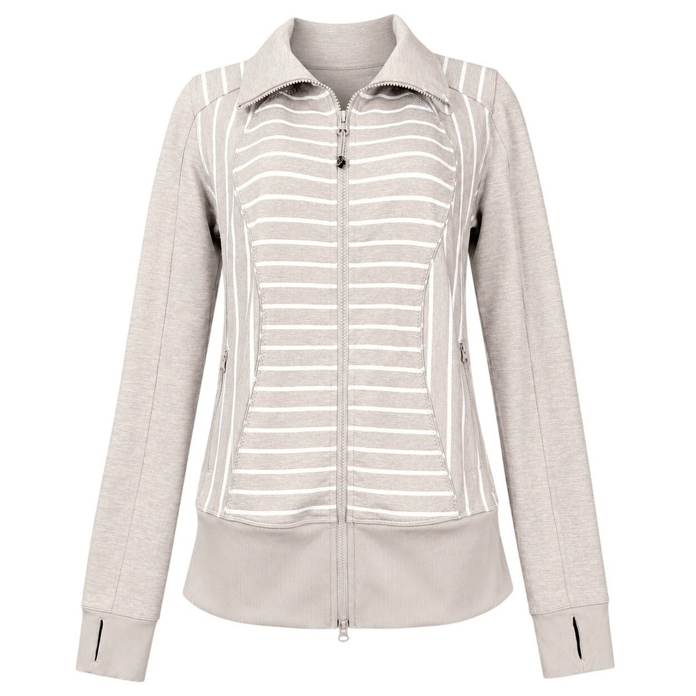 Lululemon Nice Asana Jacket Womens 8 Cashew Stripe Luon Full Zip Yoga Thumbholes